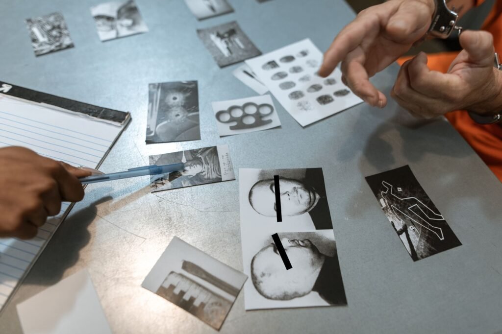 Photo showing the process of gathering evidence at an accident scene, including taking pictures and collecting witness sta…